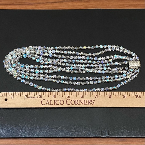 Vintage Unsigned Czech Fire Polished Aurora Borealis 5- Strand Beaded Necklace - Picture 9 of 11
